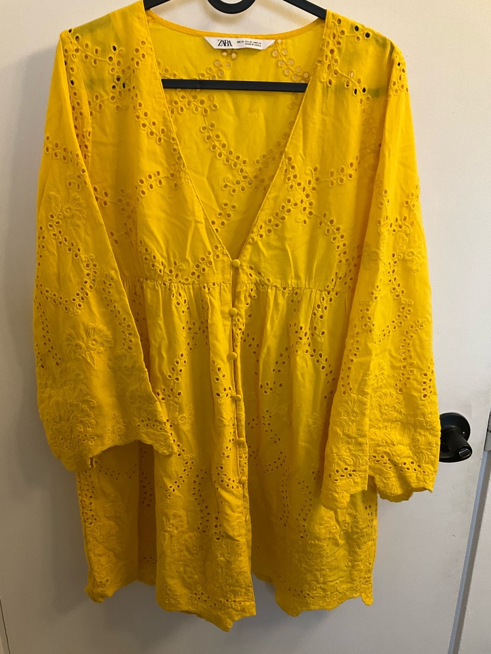 Zara Bright Yellow Eyelet Tunic Cotton Dress with Floral Embroidery, X-Small